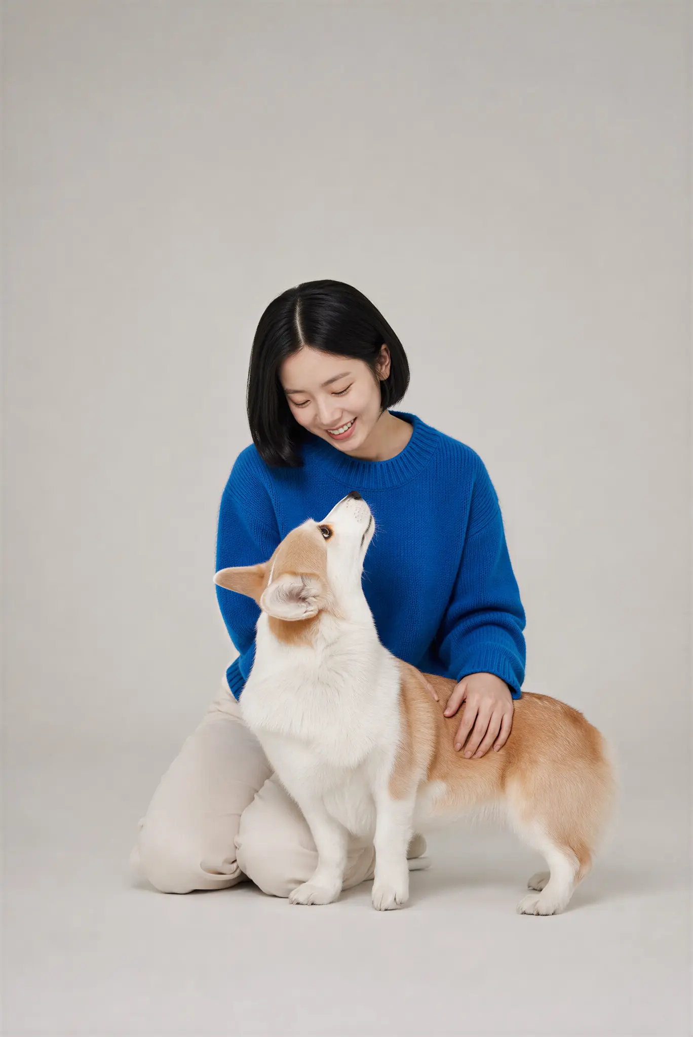 台北寵物攝影：藍色針織衫飼主與柯基犬的互動肖像