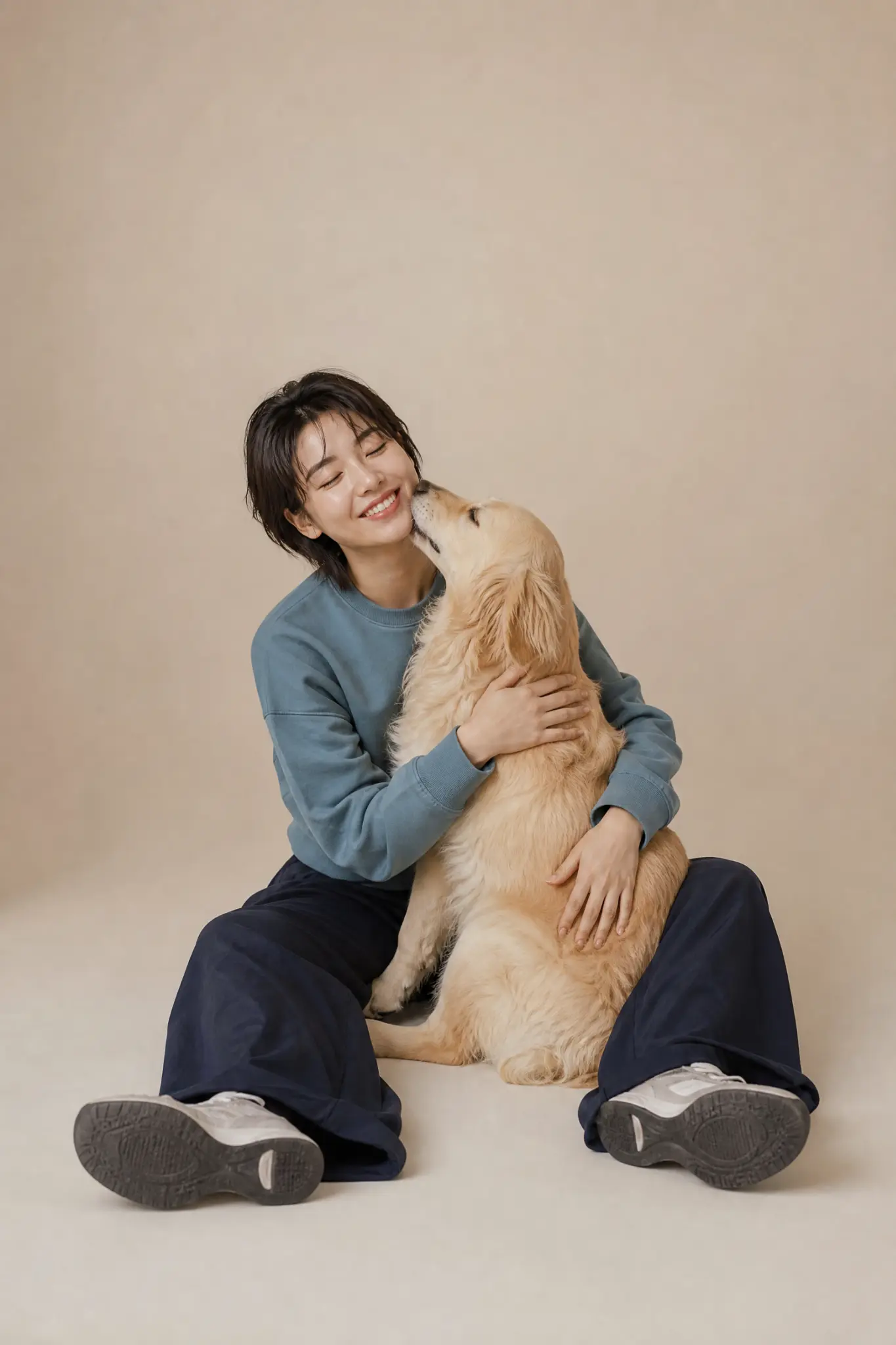 台北寵物攝影：飼主與黃金獵犬相擁的家庭肖像