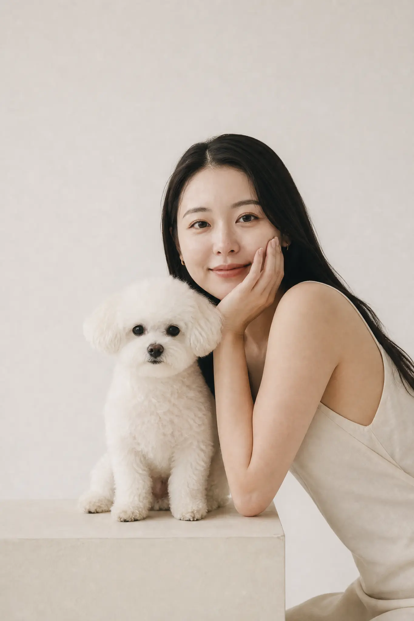 台北寵物攝影：飼主與白色貴賓犬的極簡棚拍肖像